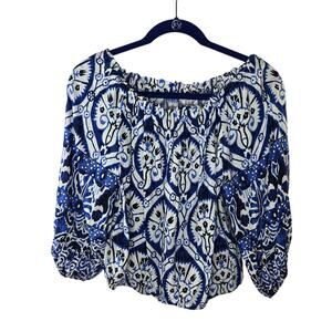 Haute Hippie Blue White Batik Print Off Shoulder Crop Blouse Top Size Small